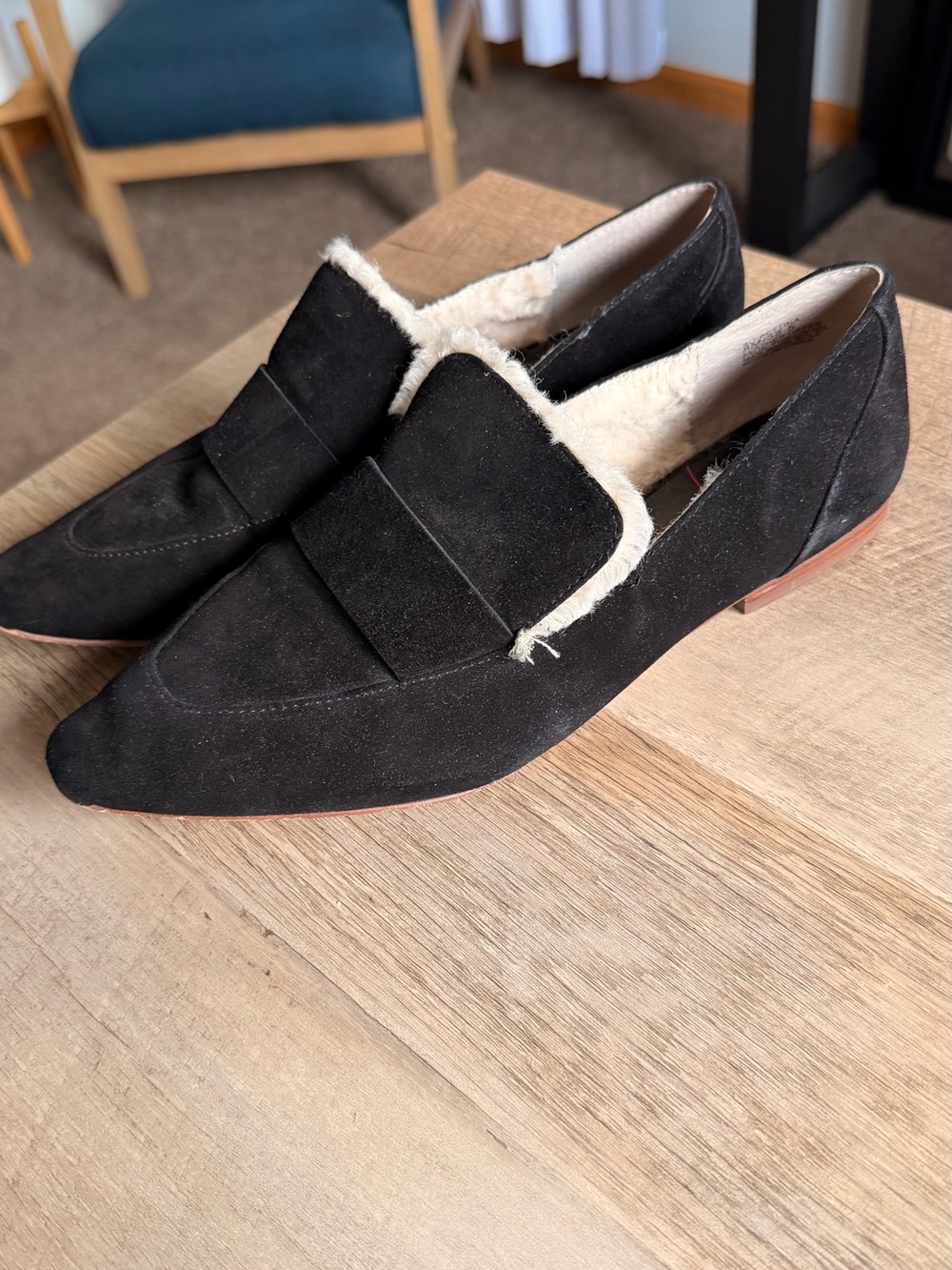 Sole Society Black Suede Loafers with Cream Faux Fur Lining
